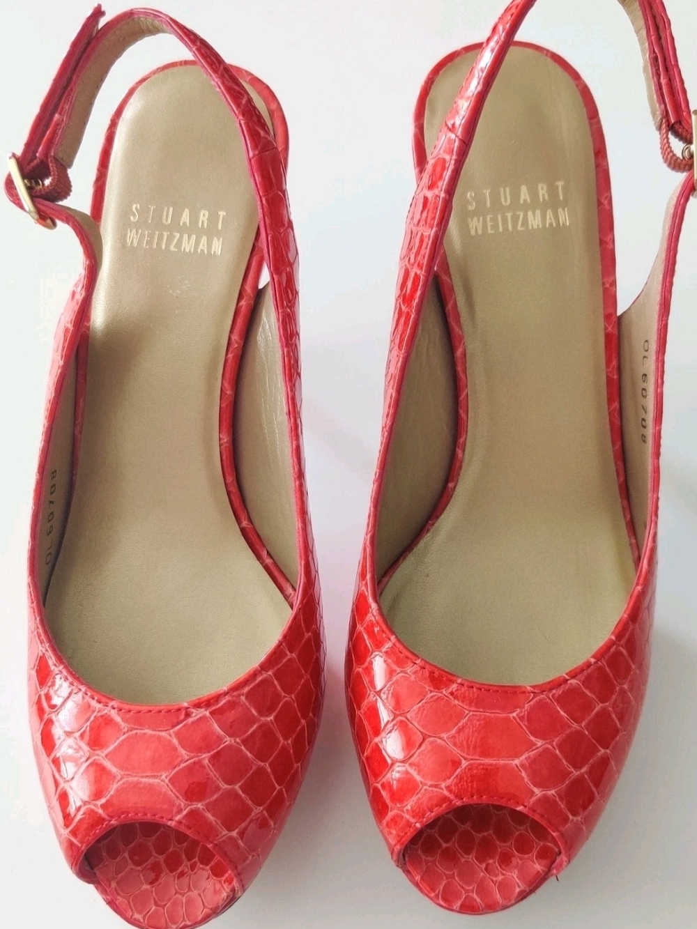 Stuart Weitzman Womens 5M Orange Python Embossed Leather Peep Toe...